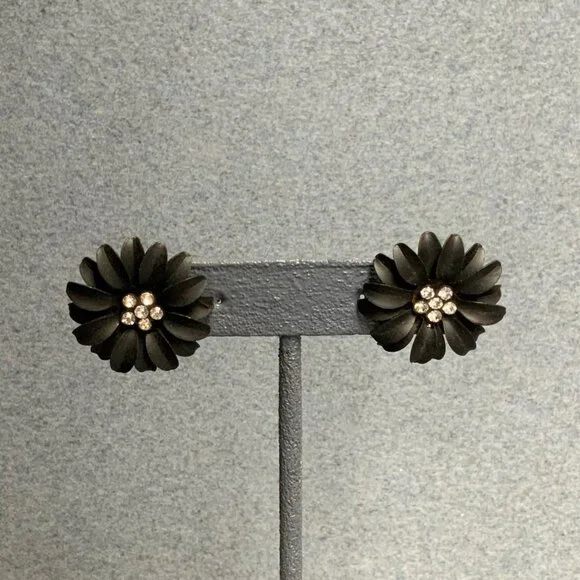 Rhinestone Flower Pierced Earrings 1 In Black Retro Glam Bling Vintage Elegant - Picture 2 of 6